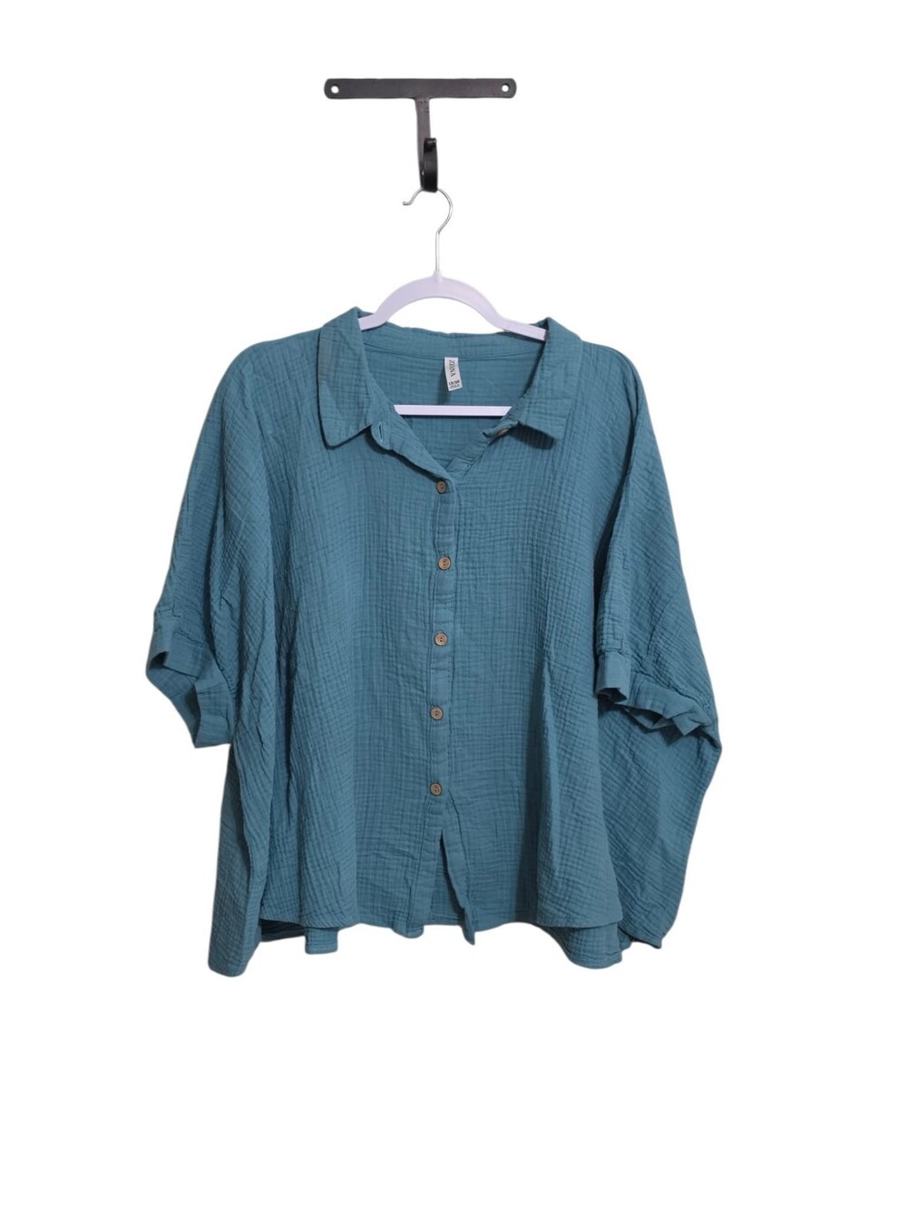Zenana Blue Gauze Button Up Oversizer Top 1X/2X Leightweight Breathable